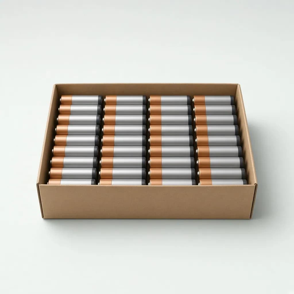 Open bulk box of aaa alkaline batteries in neat rows