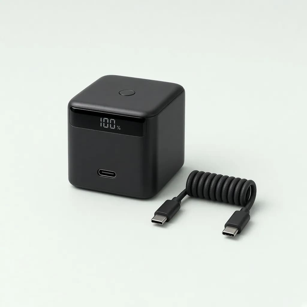 Compact black power bank with a small digital display and a coiled usb-c cable
