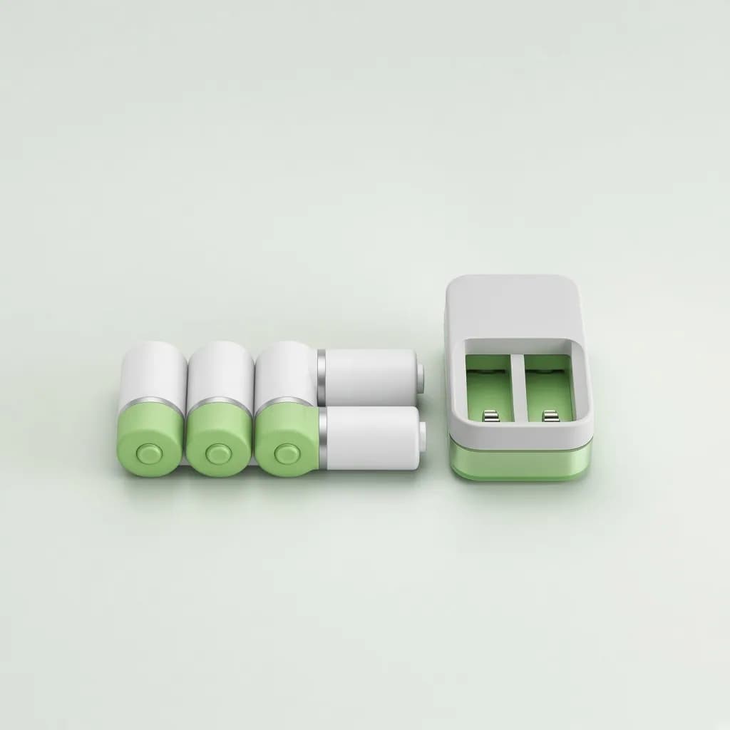 Row of green and white rechargeable aa batteries beside a compact charger