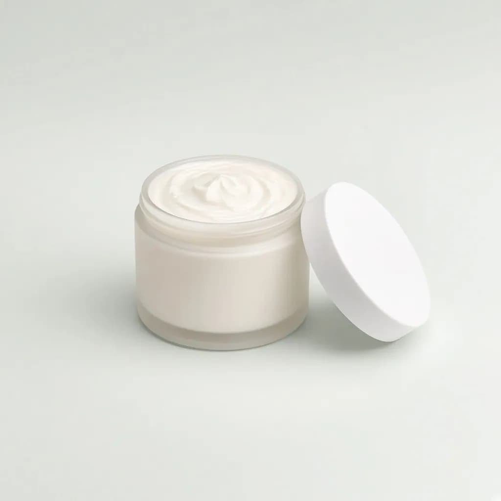 Wide jar of creamy hair mask with a matte white lid