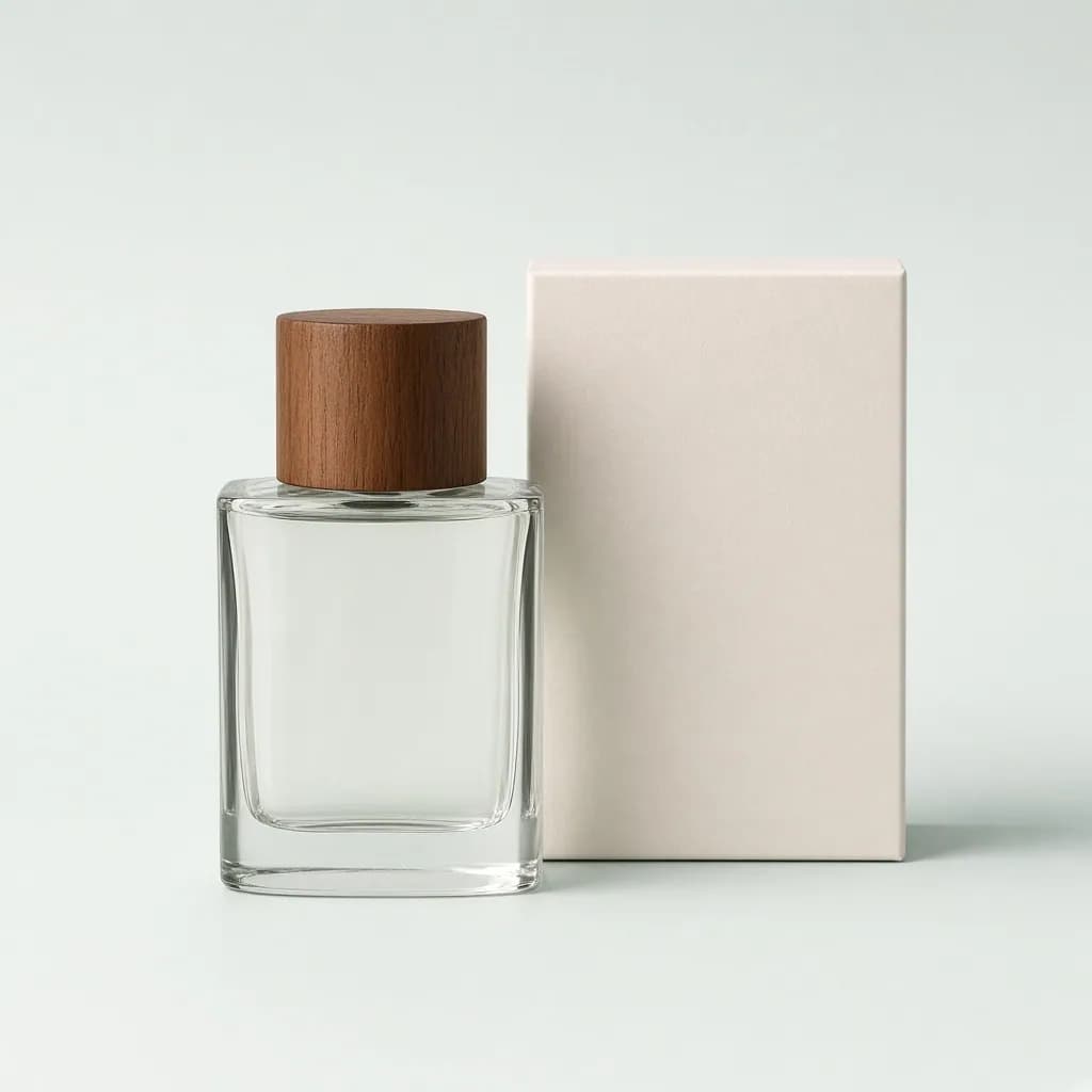 Elegant rectangular glass perfume bottle with a heavy wooden cap beside its box