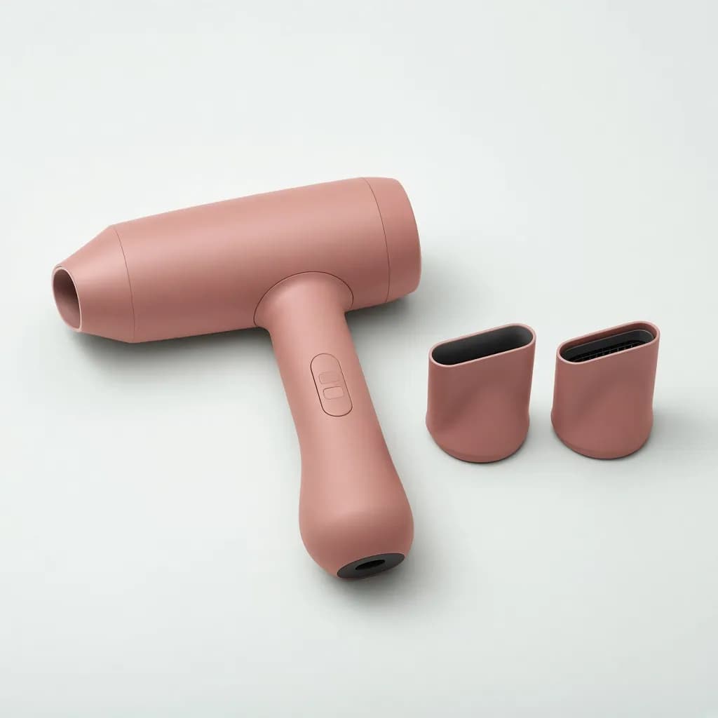 Modern compact hair dryer in rose clay with magnetic attachments beside it