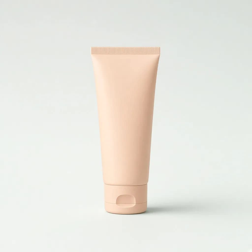 Slim squeezable sunscreen tube in soft peach with a minimal blank label