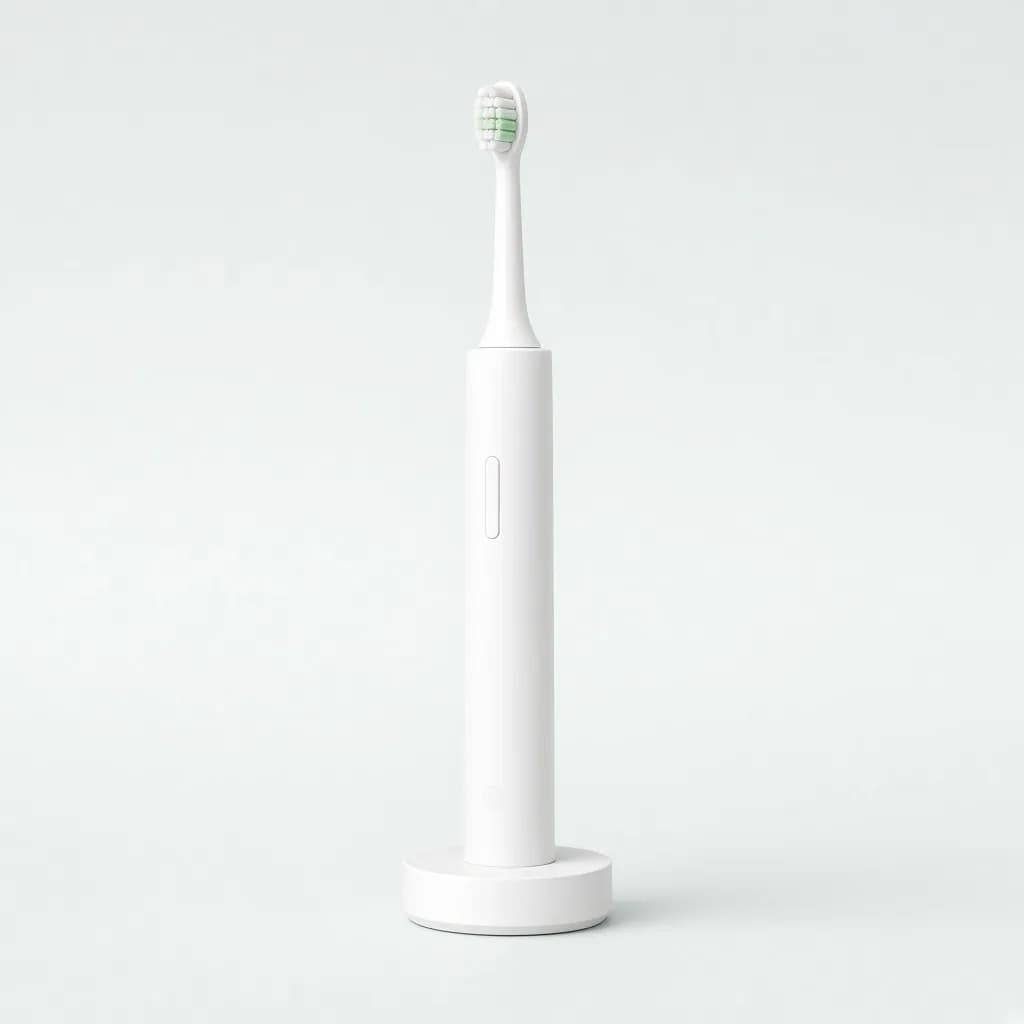 Slim white sonic electric toothbrush standing on a round charging base