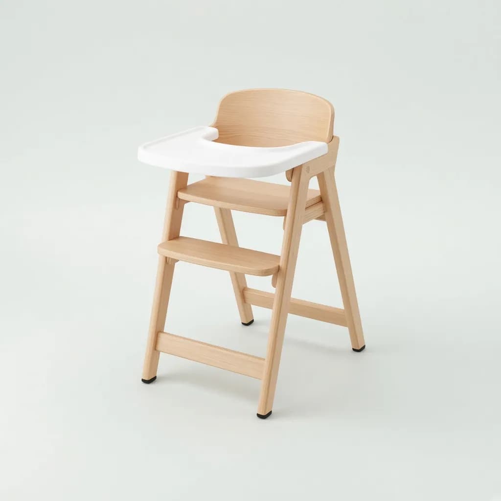 Modern natural beech wood baby high chair with a white tray