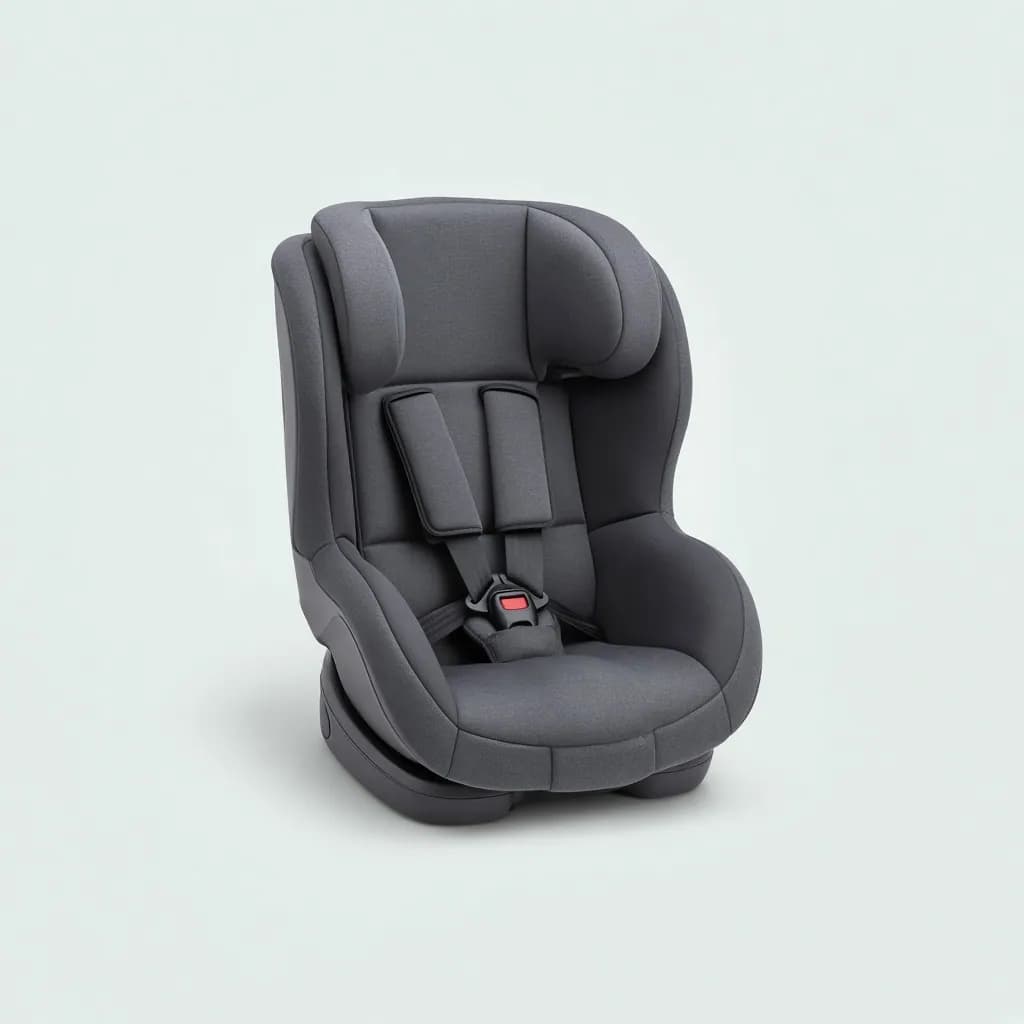 Convertible child car seat in charcoal grey fabric with a five-point harness