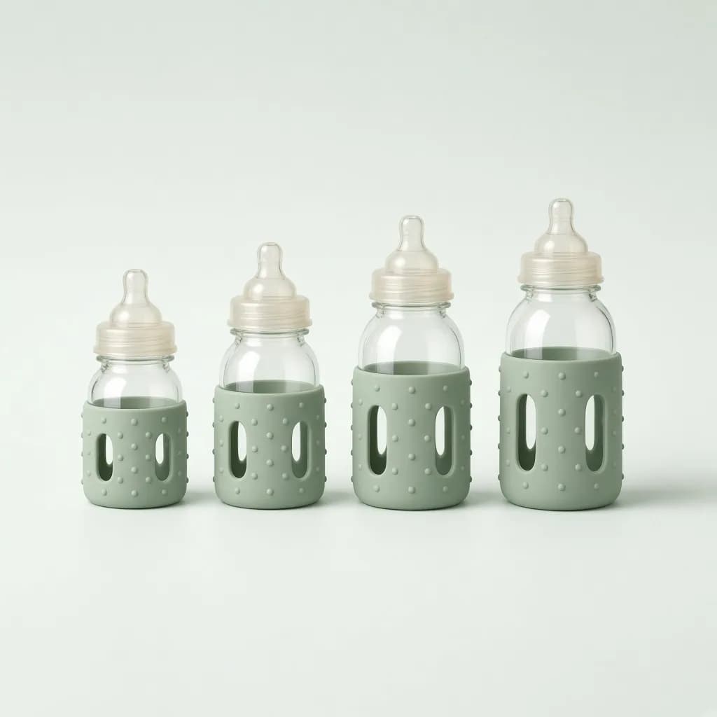 Four glass baby bottles with sage silicone sleeves arranged in a row