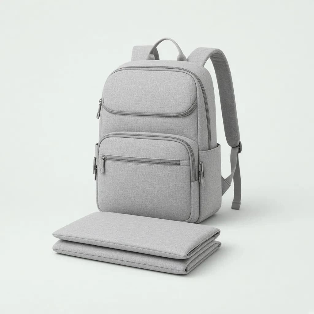 Heather grey diaper changing backpack with a folded changing pad in front