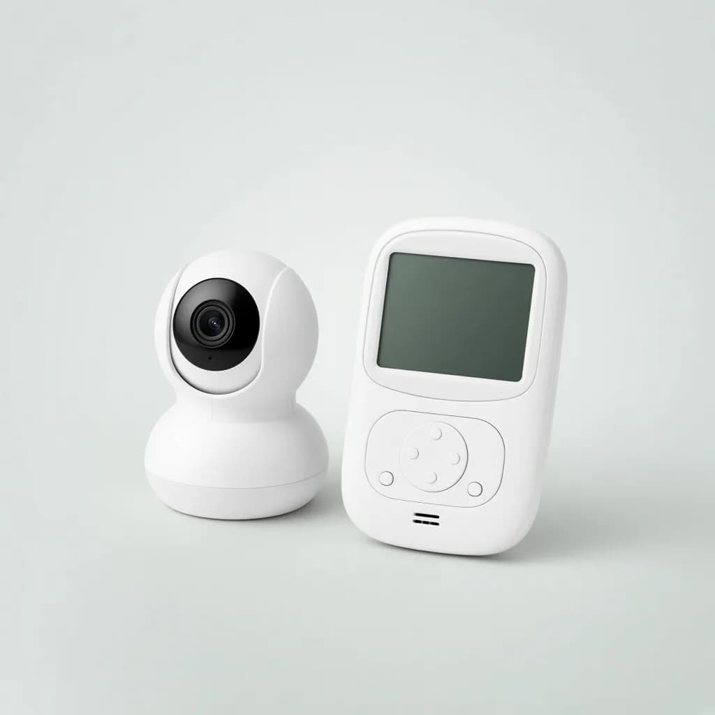 White baby monitor camera beside a parent unit with a small screen