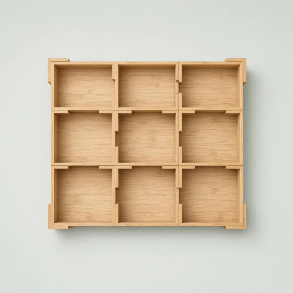 Set of interlocking bamboo drawer organizer trays arranged in a grid
