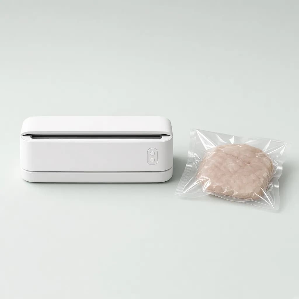 Slim white countertop vacuum sealer with a sealed bag beside it