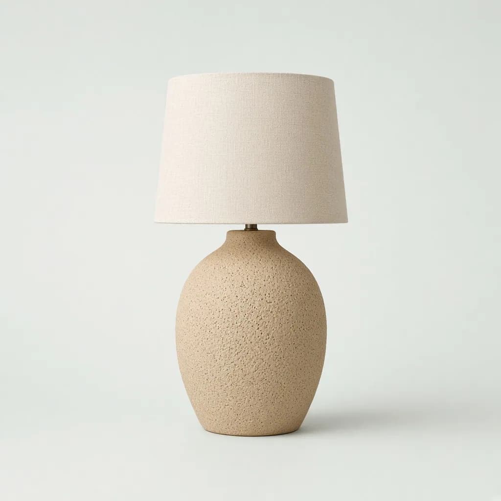 Textured sand colored ceramic table lamp with a natural linen drum shade
