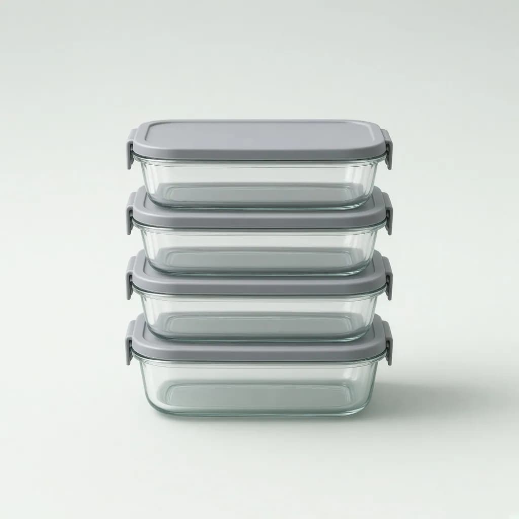 Stack of glass meal prep containers with grey locking lids