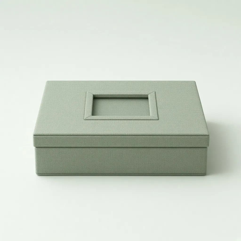 Linen covered keepsake box in soft sage with a small photo window on the lid