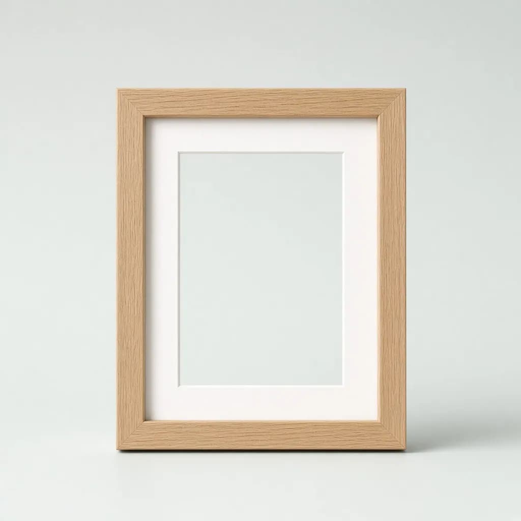 Solid light oak photo frame with a white mat standing on a surface, empty