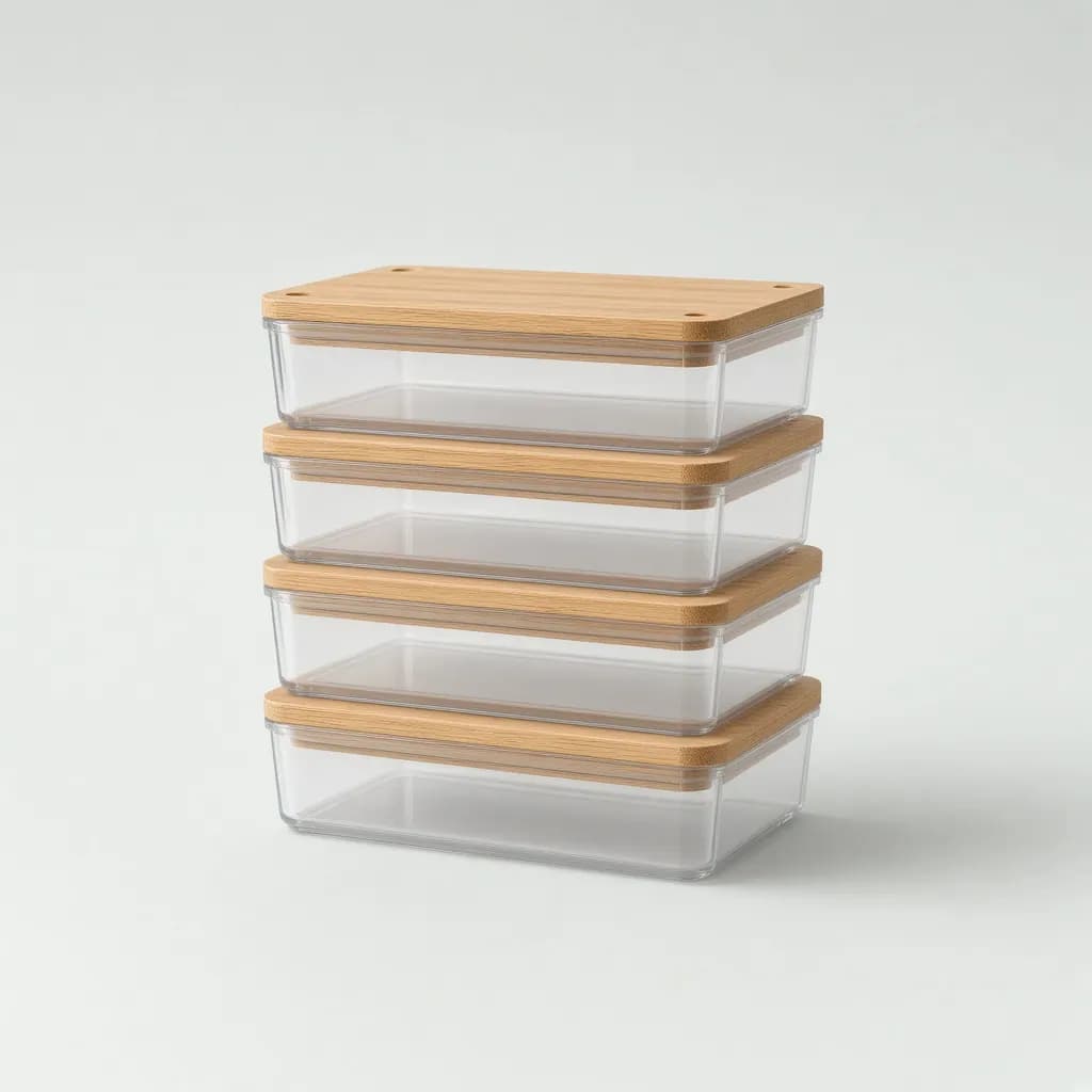 Set of clear stackable storage bins with bamboo lids neatly stacked