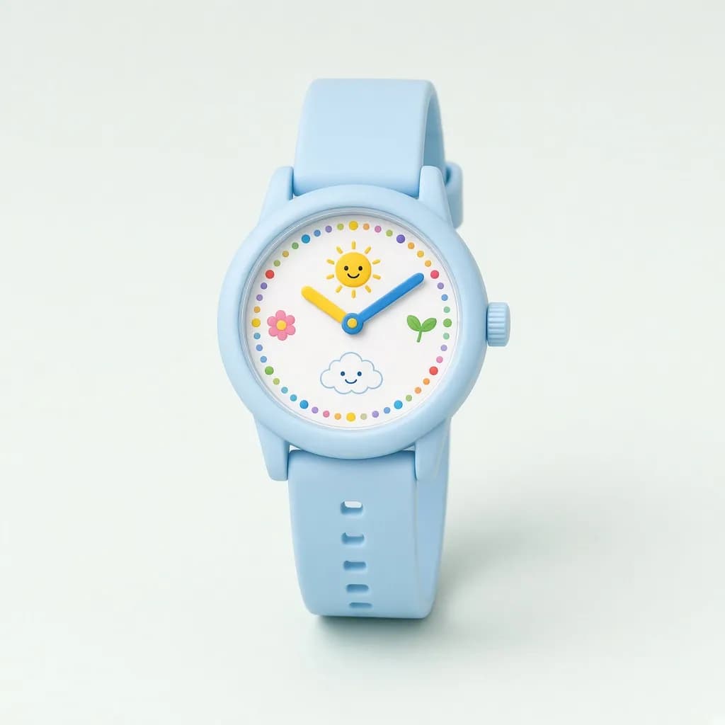 Cheerful kids analog wristwatch with a colorful teaching dial and a sky blue silicone strap