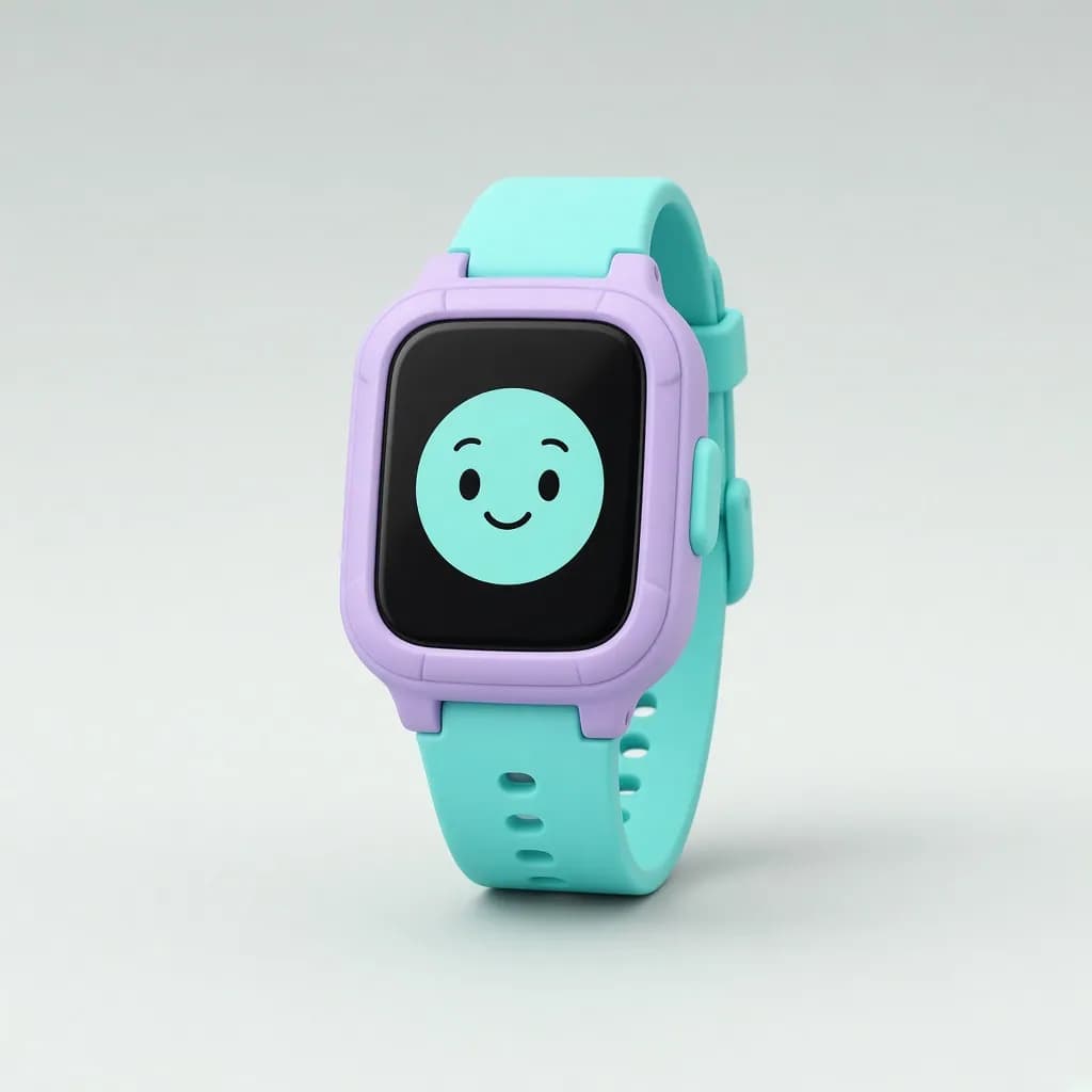 Chunky colorful kids smartwatch with a friendly watch face and a turquoise strap