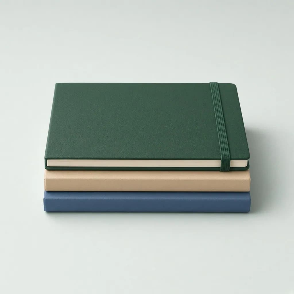 Three hardcover a5 notebooks in forest green, sand and ink blue stacked with an elastic band