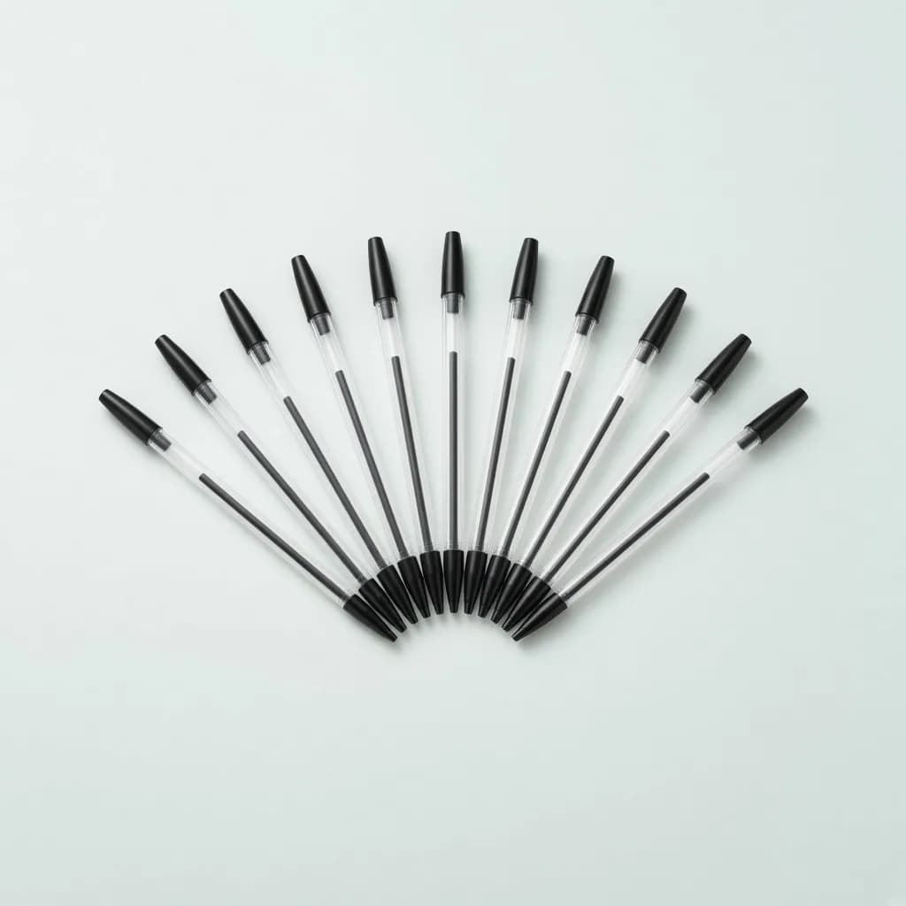 Neat fan of twelve black gel pens with clear barrels