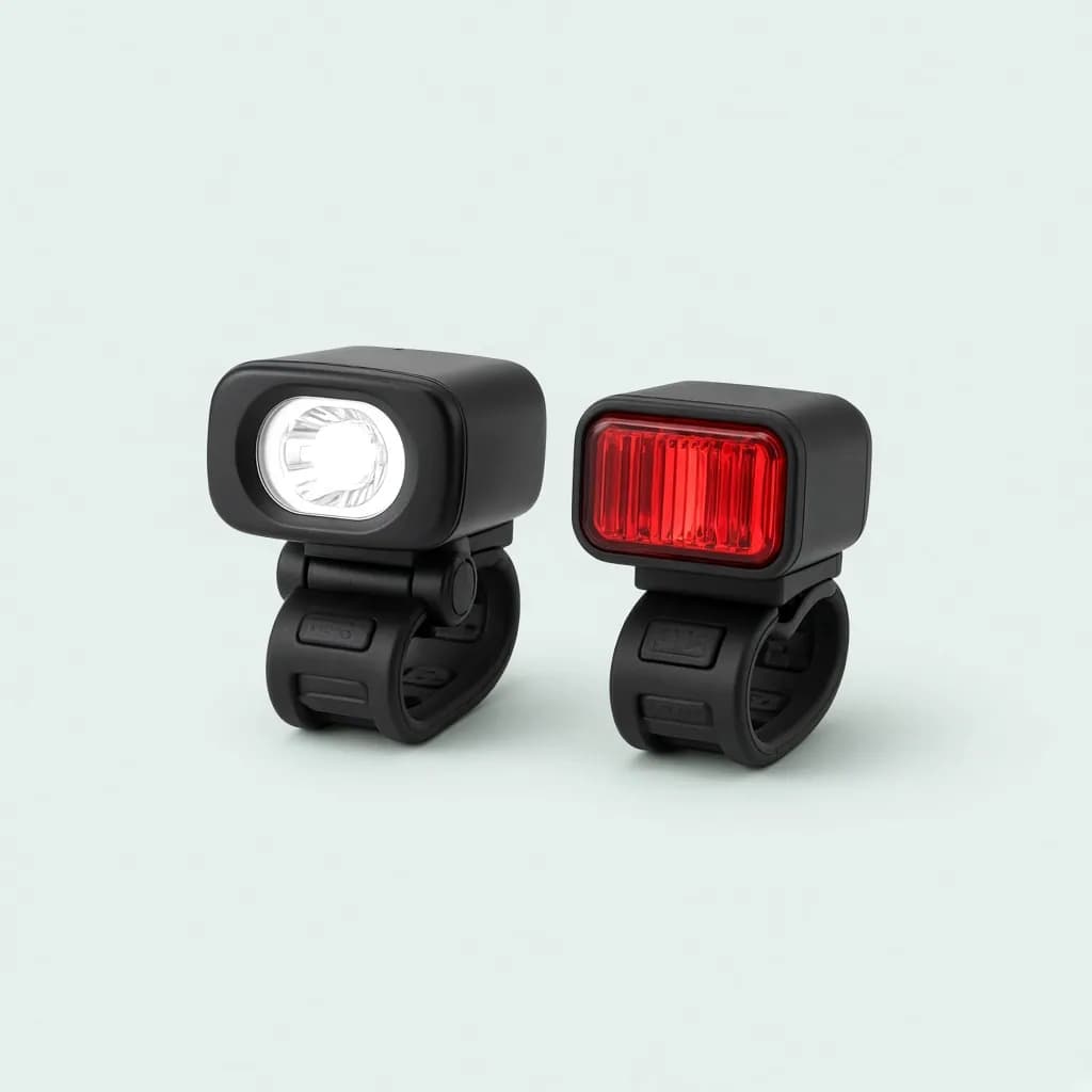 Pair of compact black bicycle lights front and rear with rubber mounts