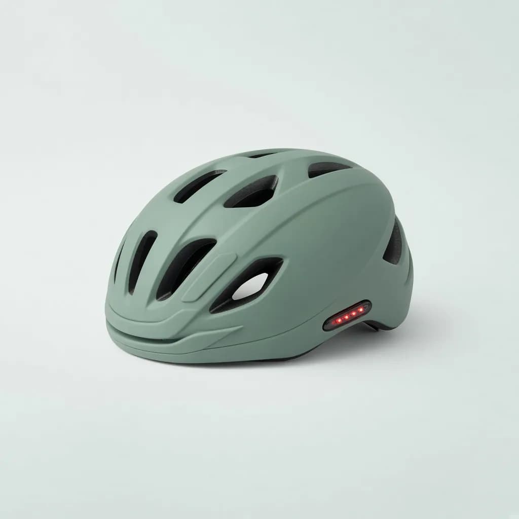 Matte sage commuter bicycle helmet with a small integrated rear light