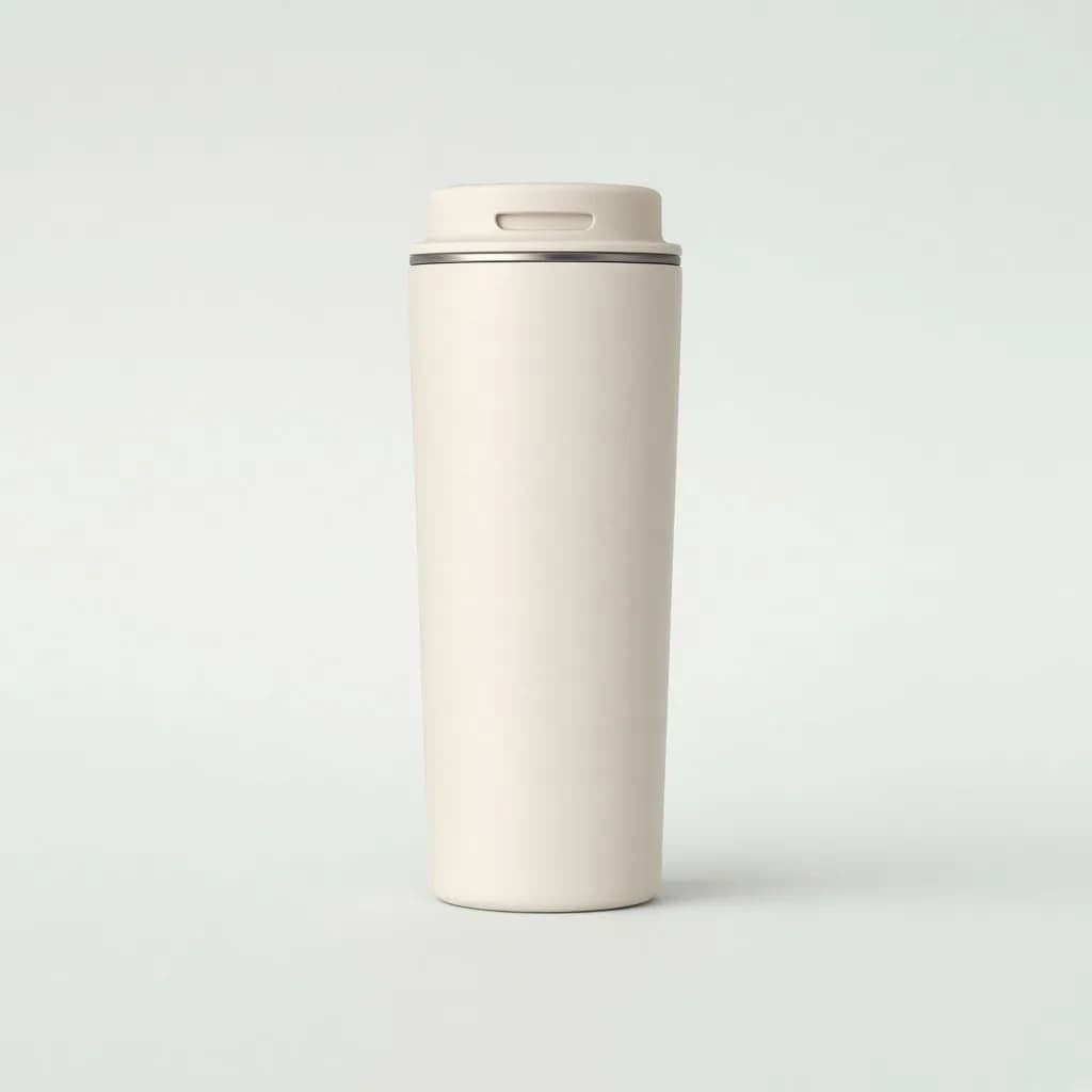 Slim cream colored insulated travel coffee tumbler with a flip lid