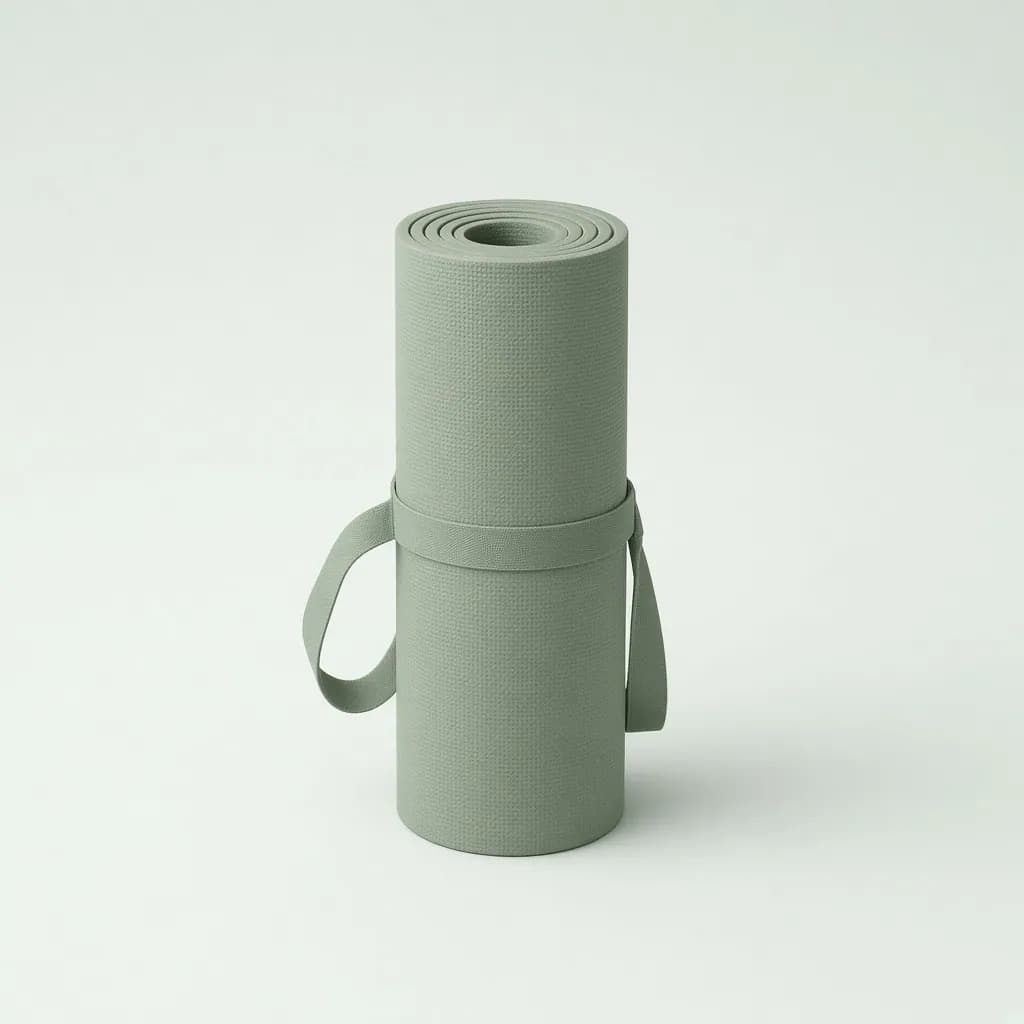 Rolled sage green yoga mat standing on end with a carry strap