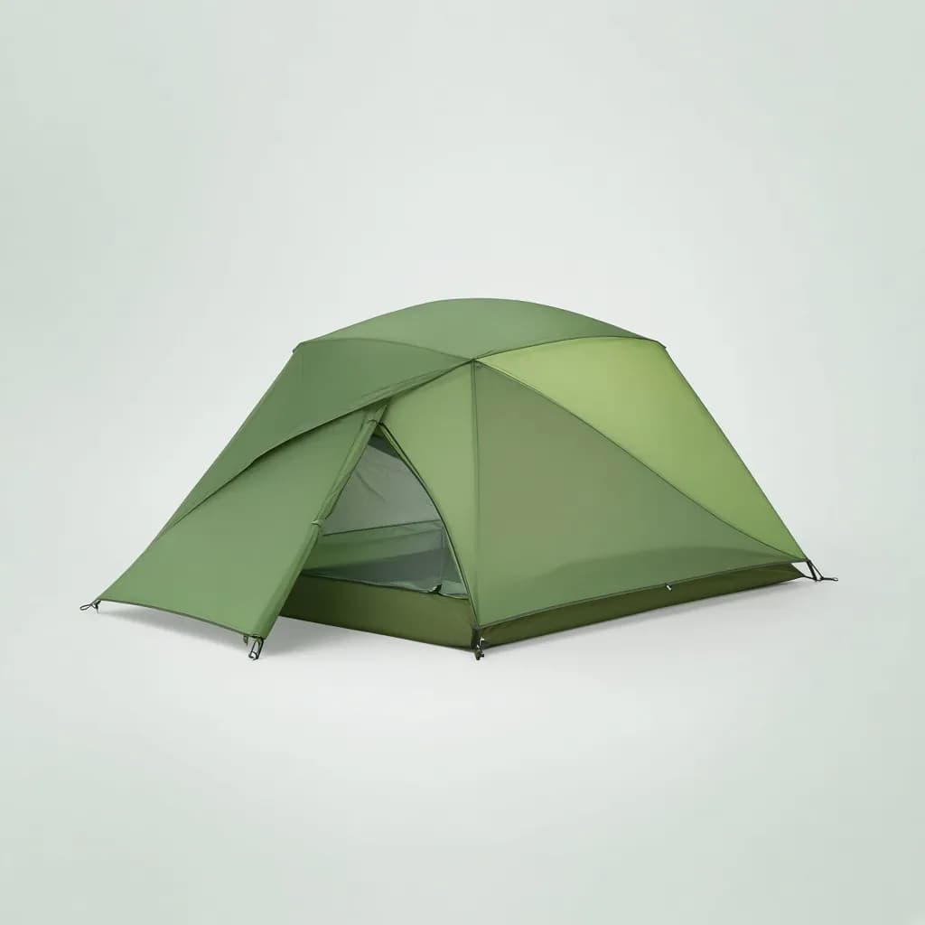 Lightweight green two-person backpacking dome tent pitched with its rainfly