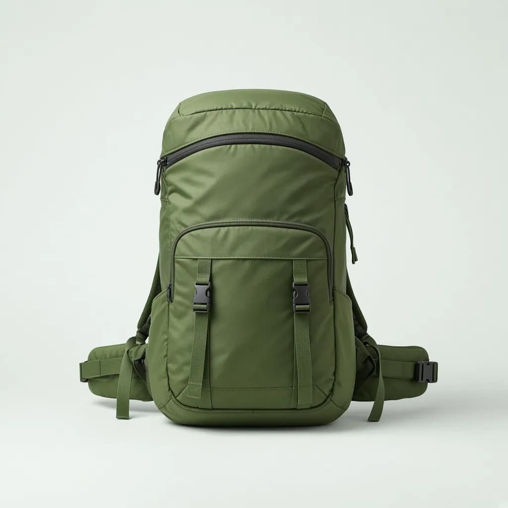 Moss green hiking daypack with a hip belt standing upright