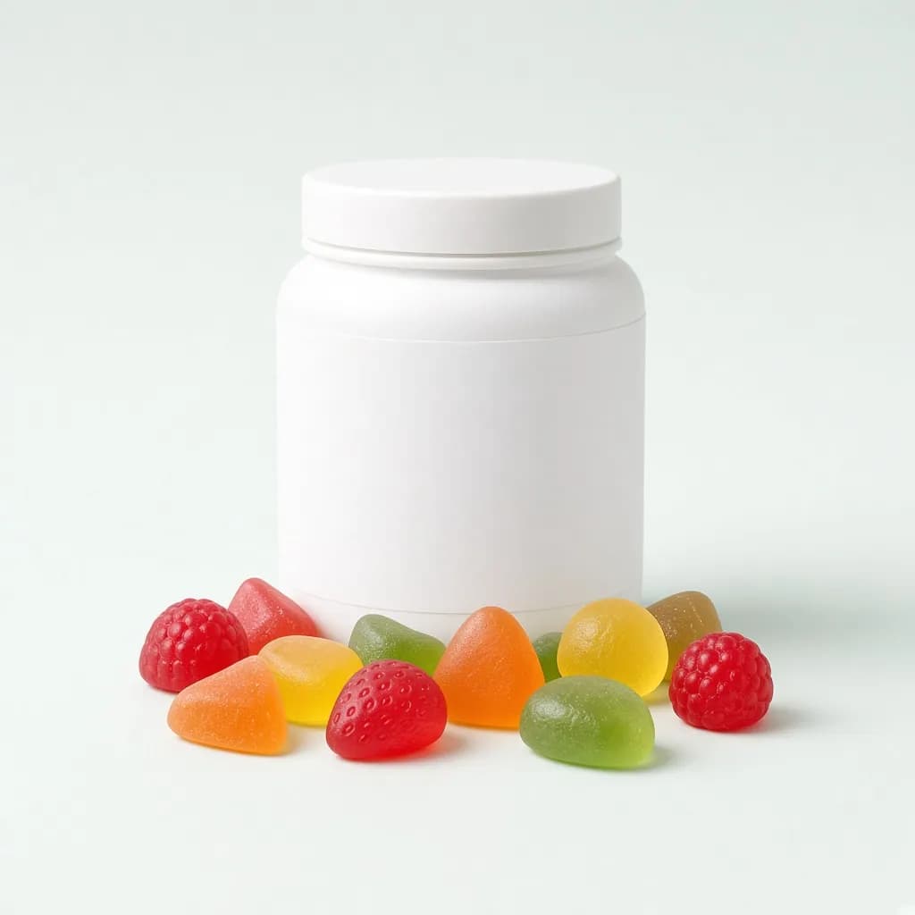 White supplement jar with fruit colored gummies scattered in front