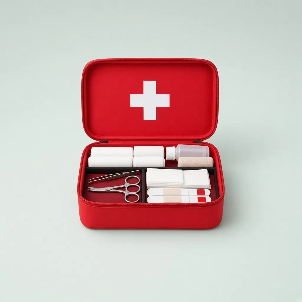 Compact red first aid kit case with a white cross, partially open showing organized supplies