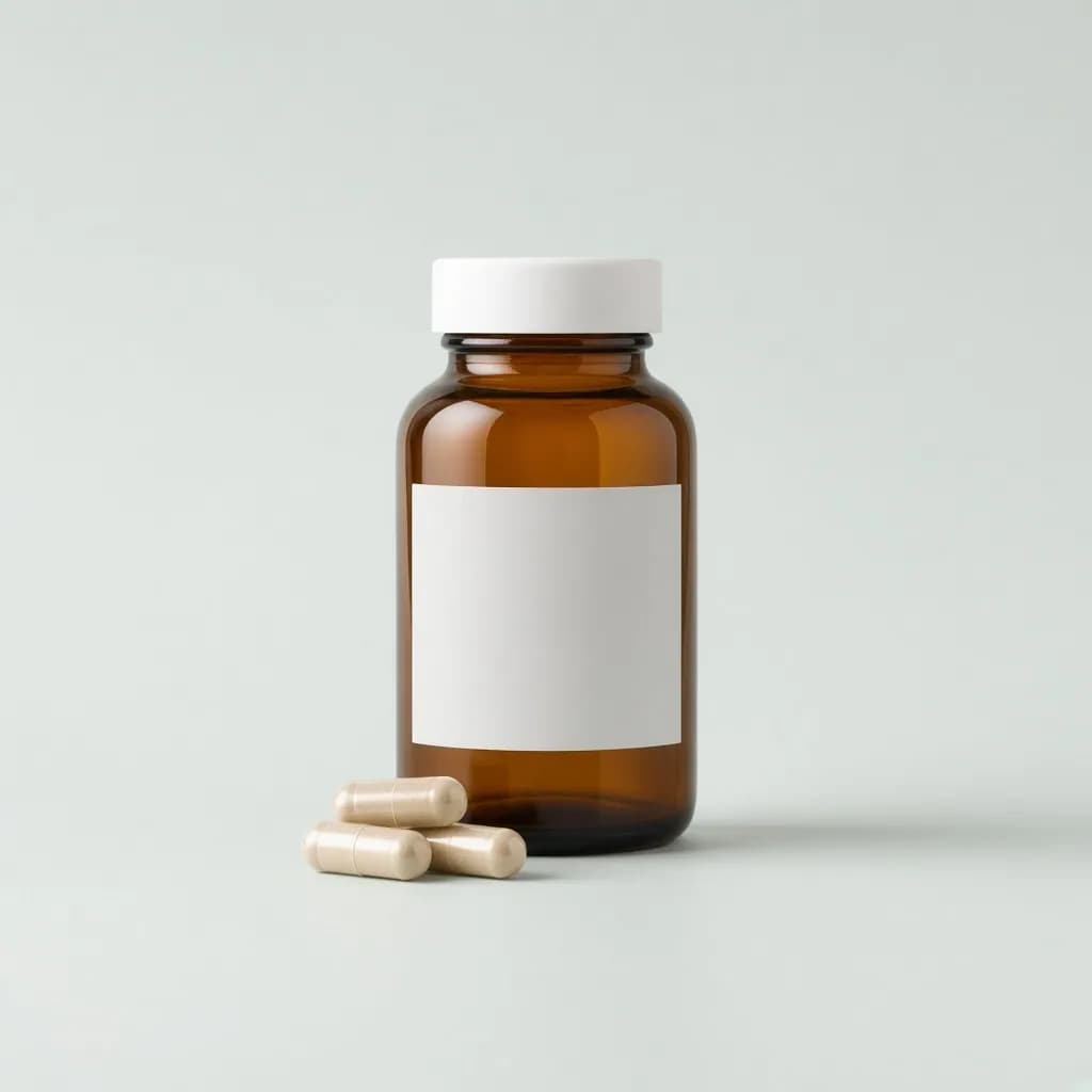 Amber glass supplement bottle with a white cap and a minimal blank label
