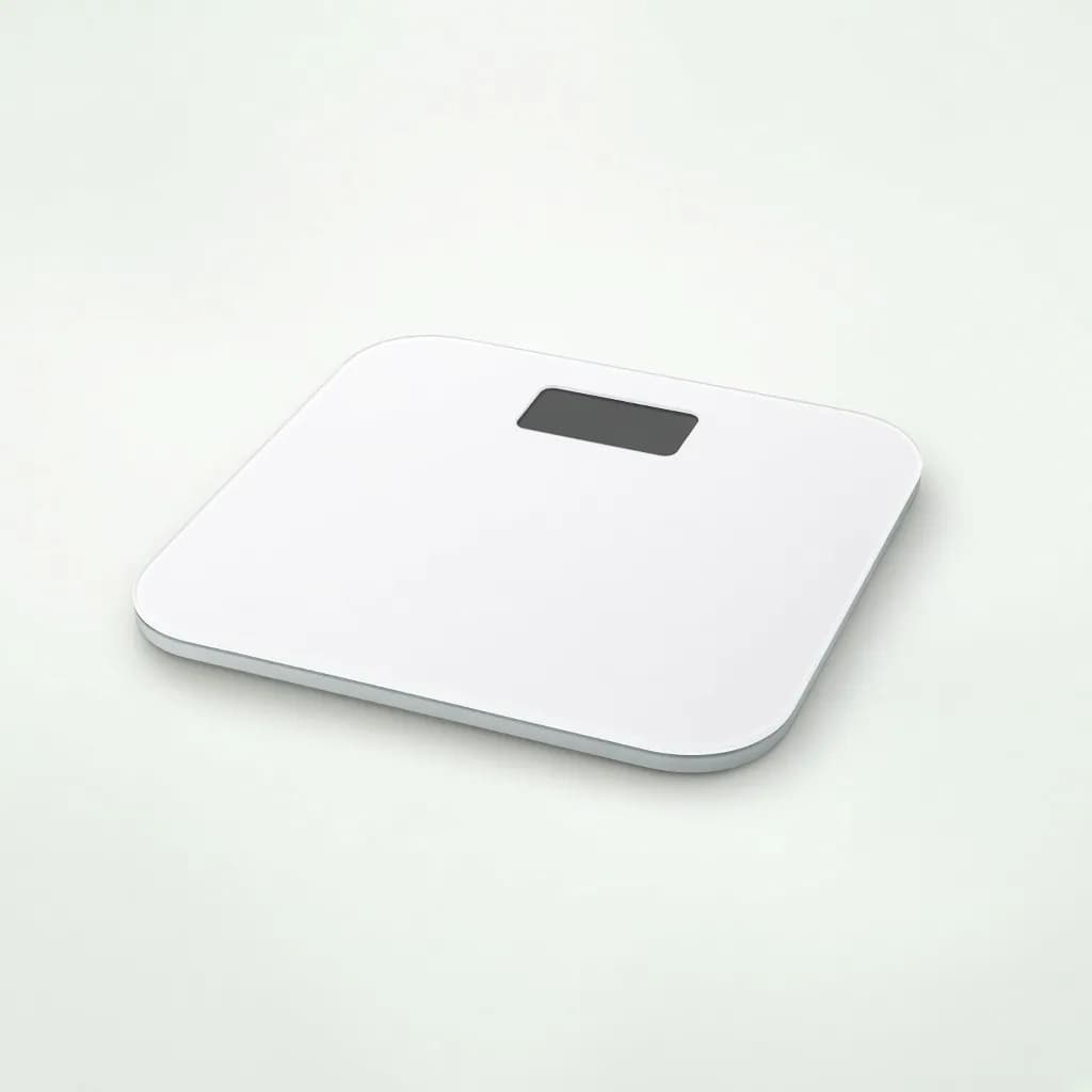 Slim white glass smart bathroom scale with a small digital display