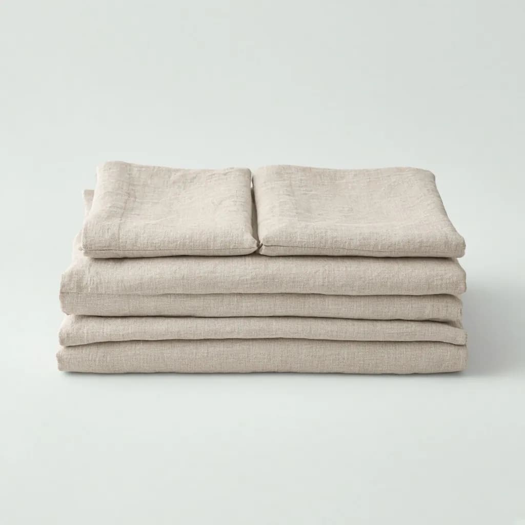 Neatly folded stack of oat colored stonewashed linen bed sheets and pillowcases
