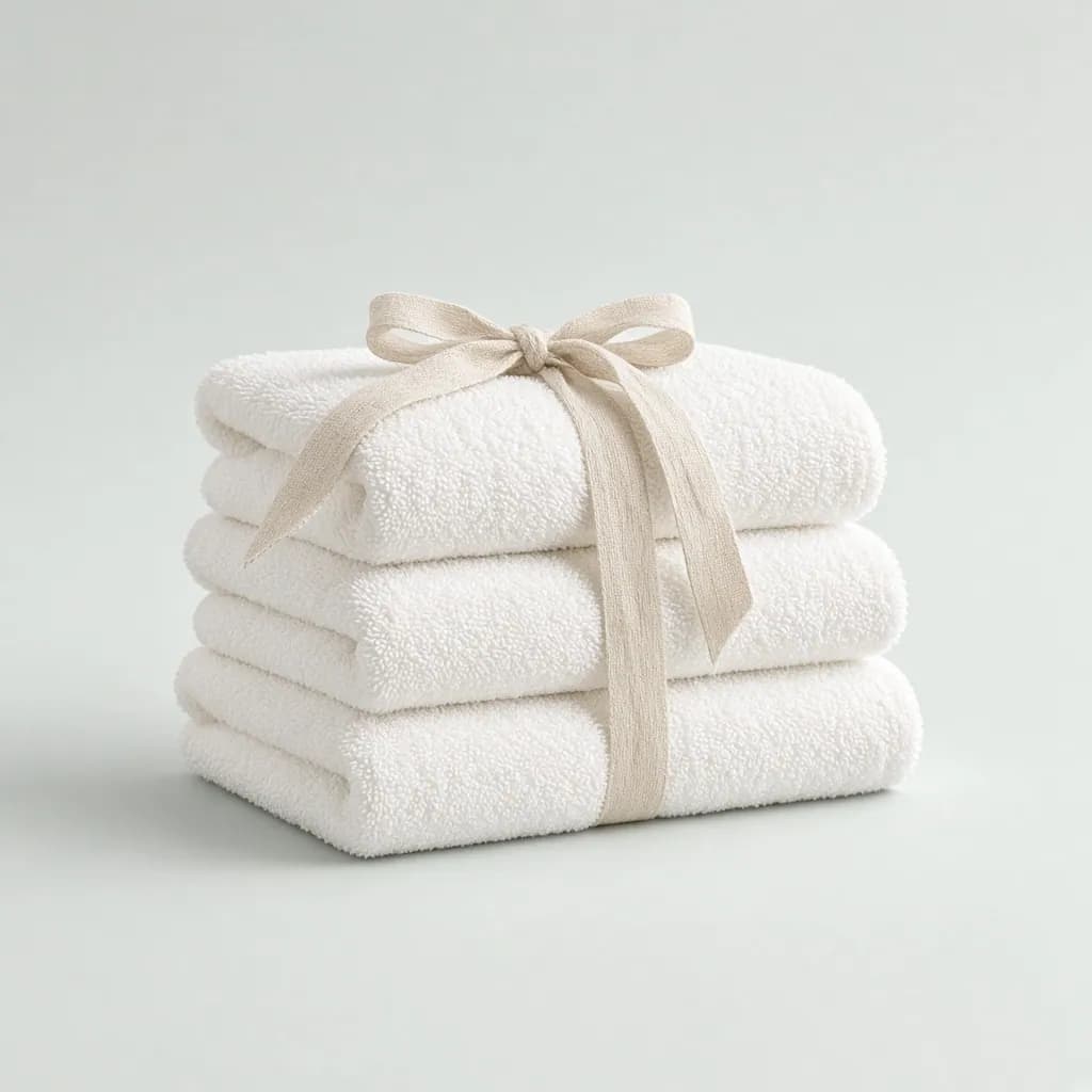 Stack of plush white turkish cotton towels tied with a linen ribbon