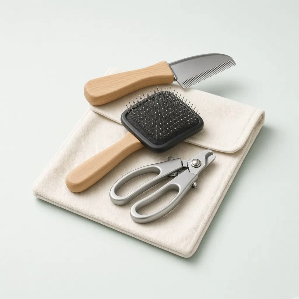 Pet grooming kit with a deshedding brush, slicker brush and nail clipper on a canvas pouch