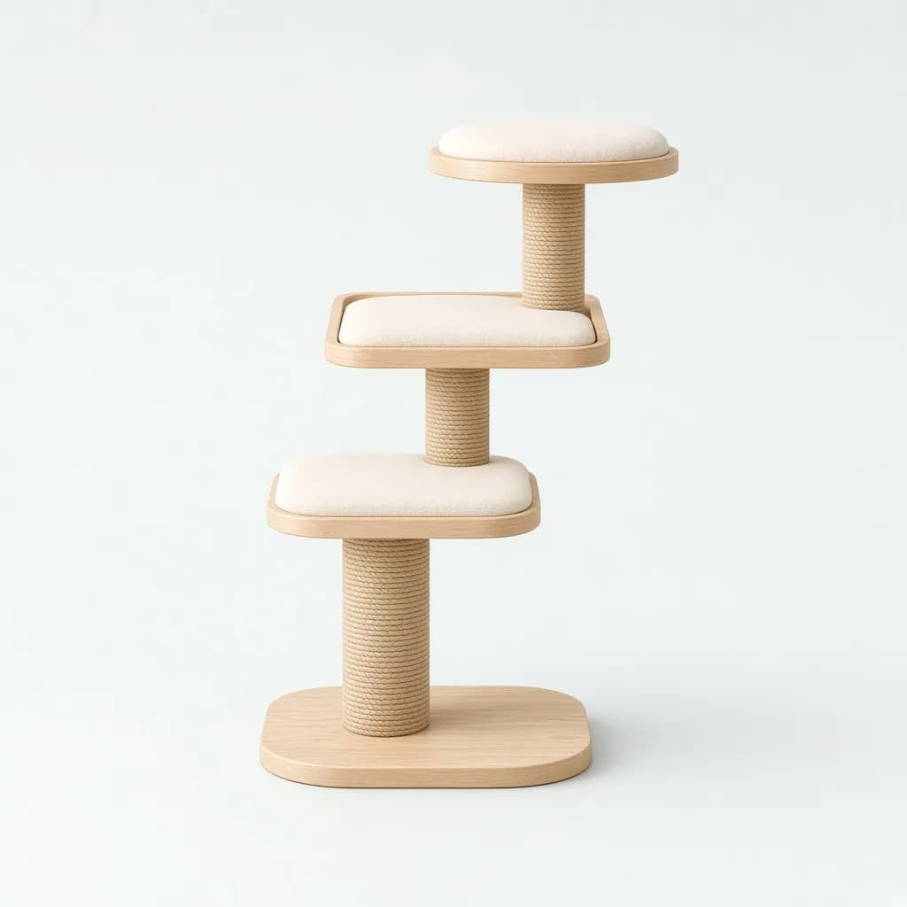 Modern cat tree with light wood platforms, sisal posts and cream cushions