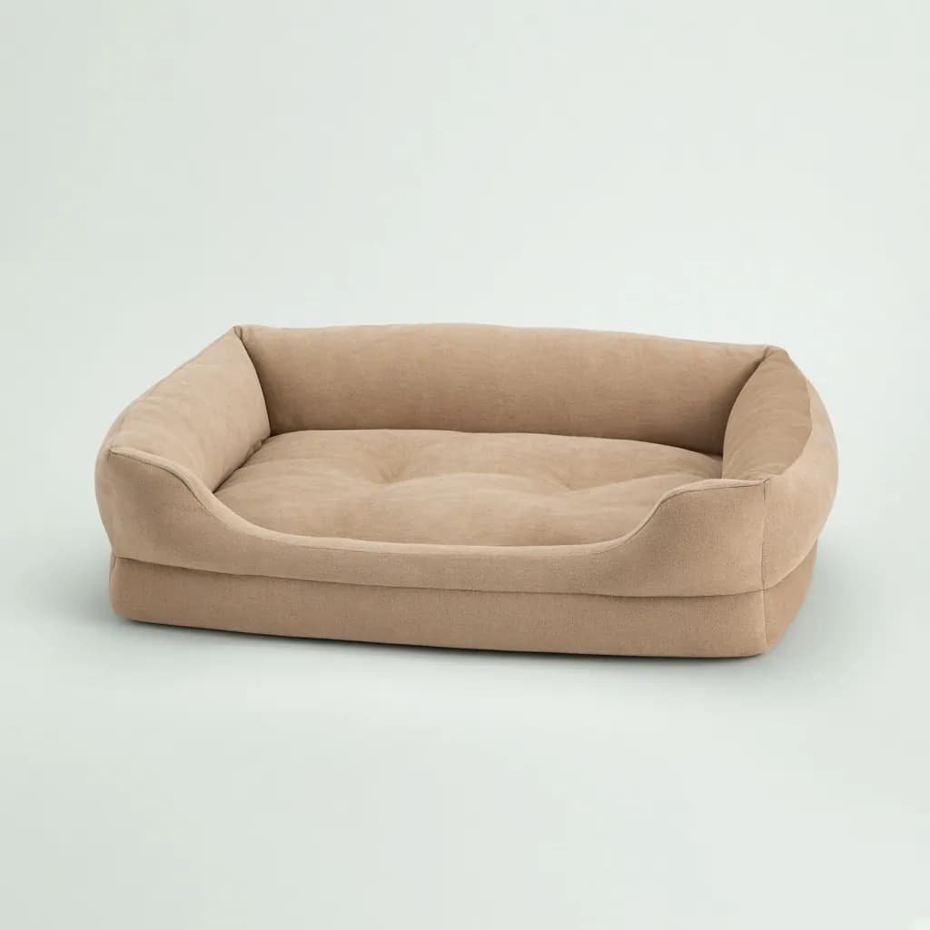 Plush bolstered memory foam dog bed in fawn fabric