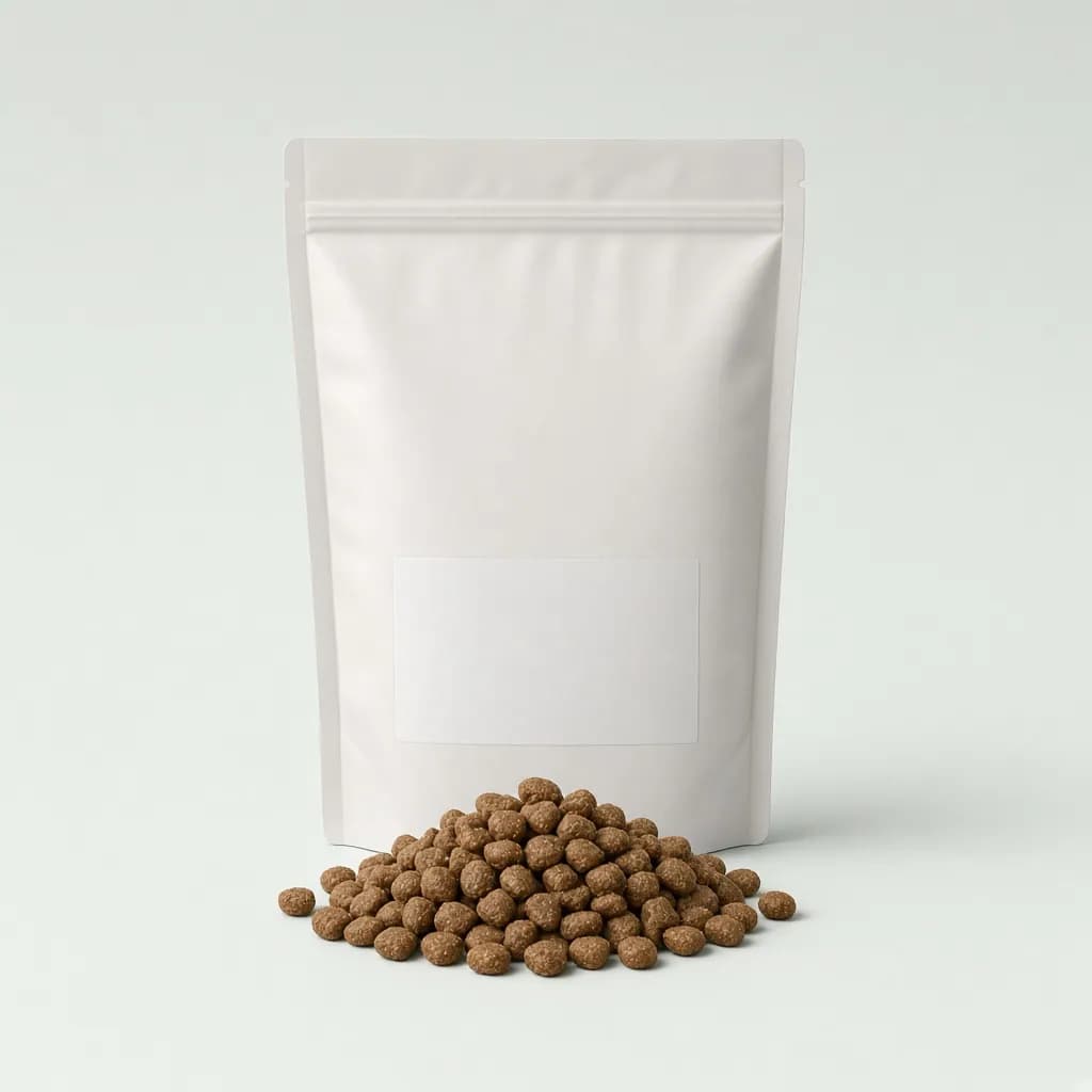 Large resealable bag of premium dog food with a minimal blank label and kibble in front