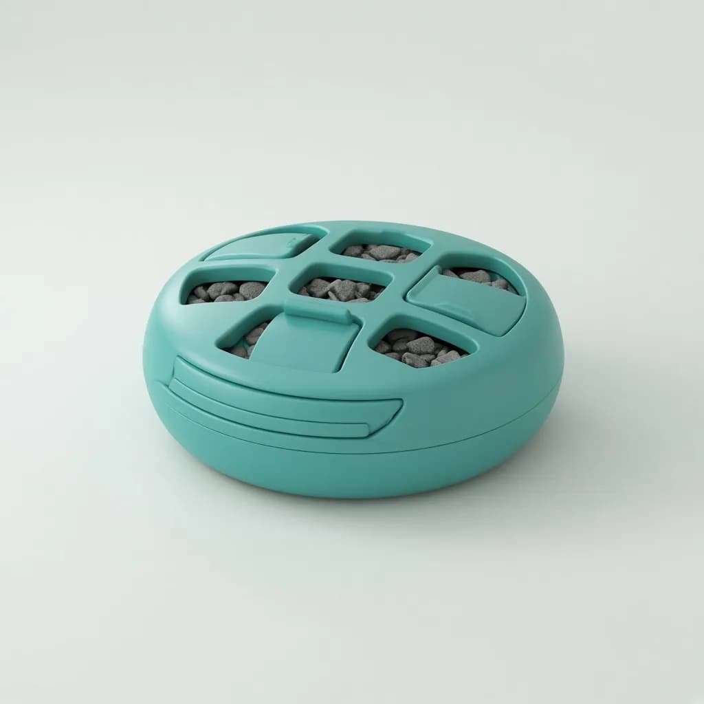 Round teal dog puzzle feeder toy with sliding compartments