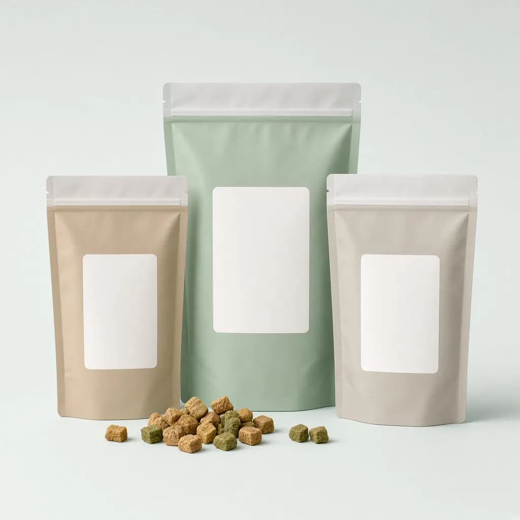 Three resealable pet treat pouches with small soft treats scattered in front