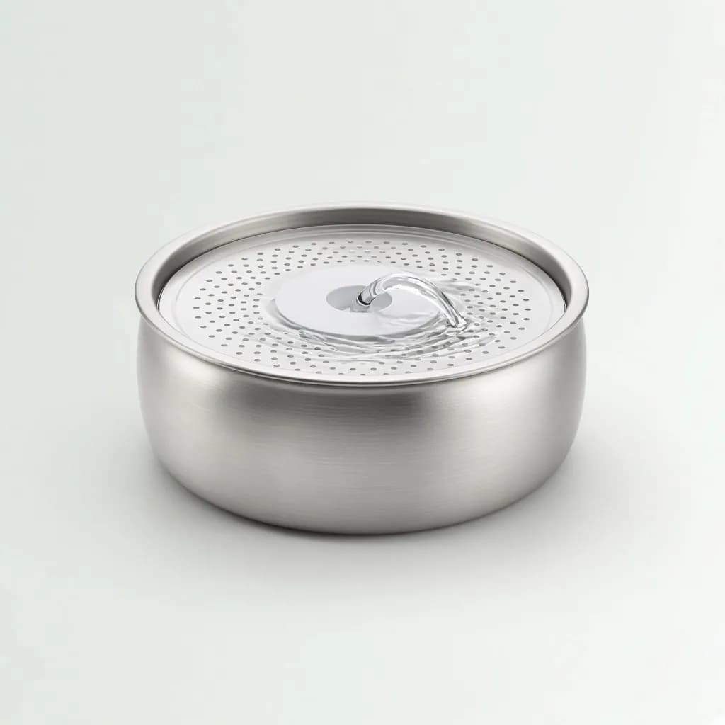 Round brushed stainless steel pet water fountain with gently flowing water