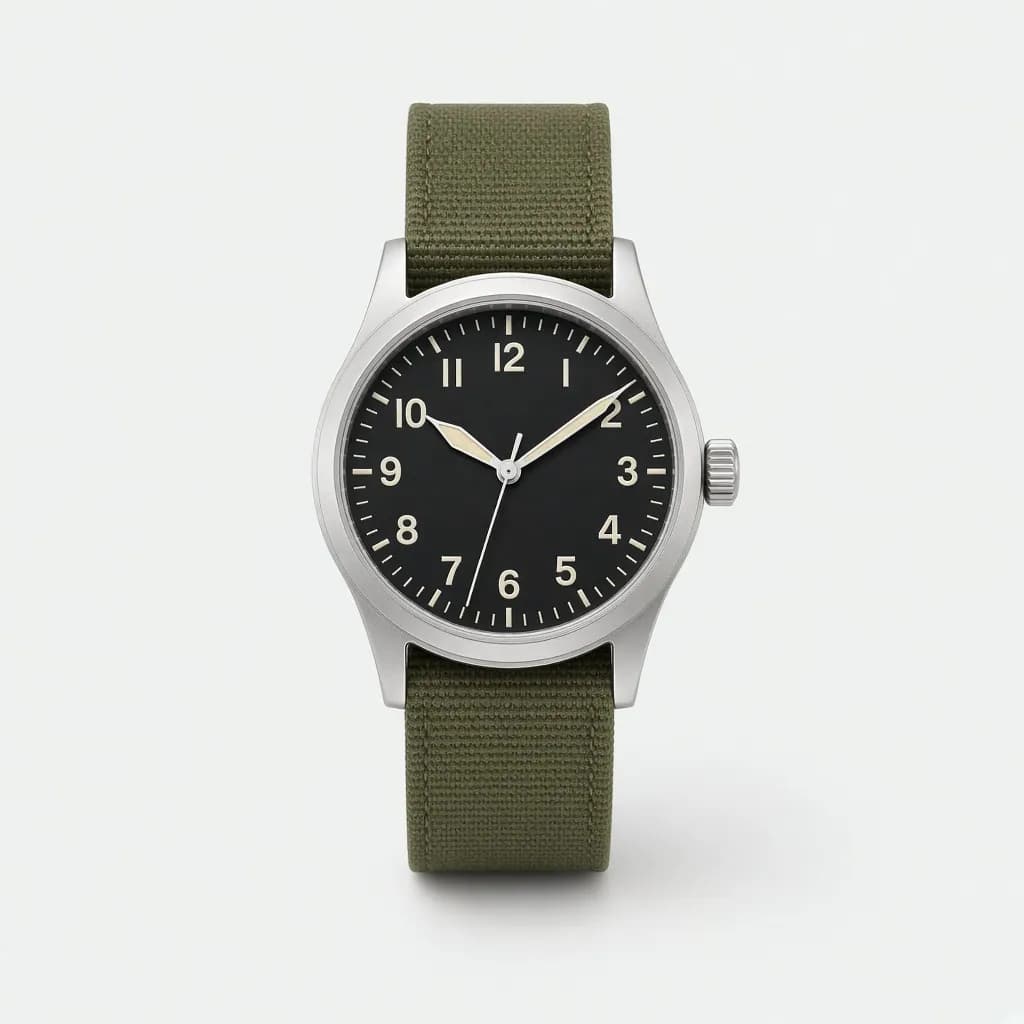 Classic military field watch with a matte black dial, cream numerals and an olive canvas strap