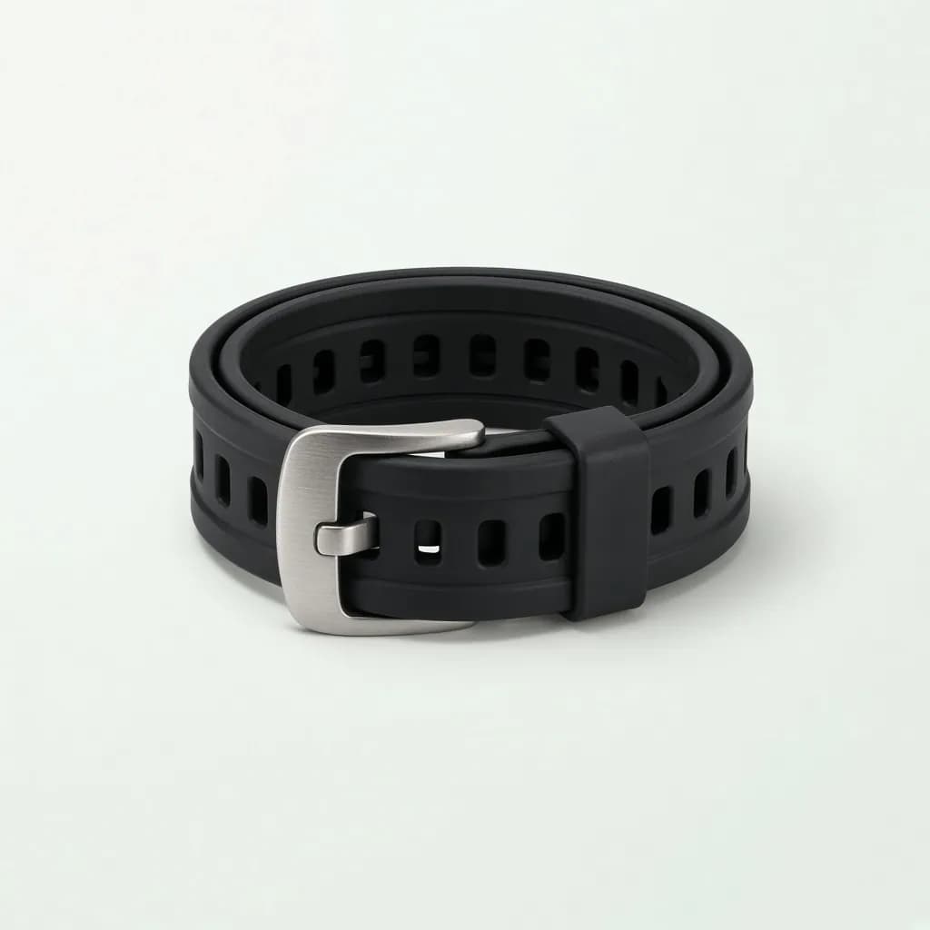 Coiled black rubber watch strap with a brushed steel buckle