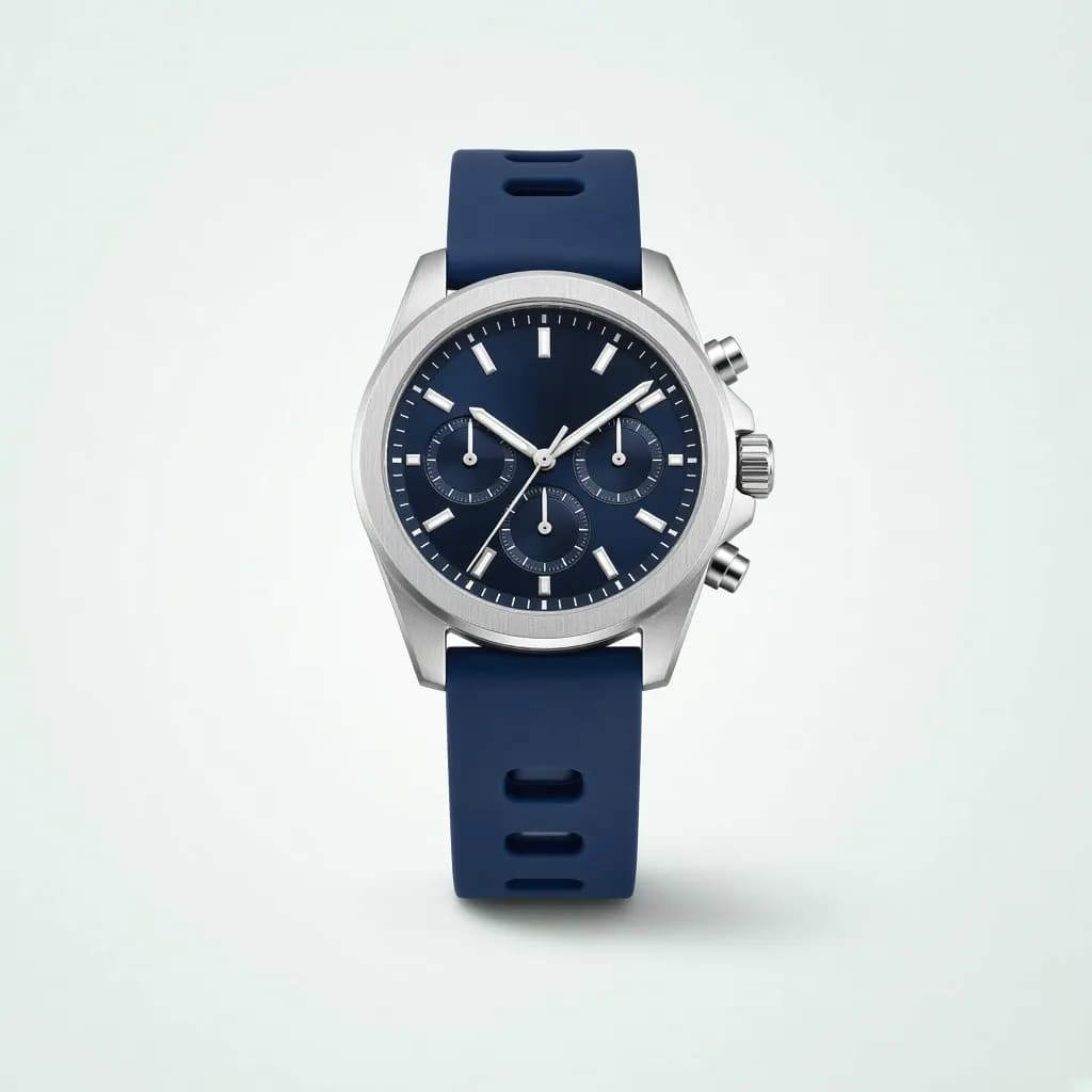 Sporty chronograph watch with a navy dial, three subdials and a blue rubber strap